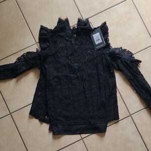 Who What Wear Black Ruffled Cut Out Blouse